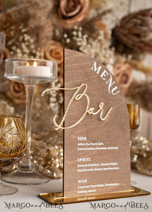 TABLE DECOR SIGNS Wood Eco Rustic Table numbers Acrylic Arch Bar Menu, gold Plexi Ivory Velvet Drink Bar Menu Sign with Stand, Beige Plexi Table Bar Menu Luxury Wedding Table Decor, Wedding Signage Ecru drink Bar Menu 
