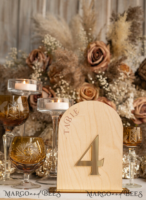 TABLE DECOR SIGNS Wood Eco Rustic Table numbers Rustic Wood Arch Wedding Table Numbers, Wooden Gold Plexi Table Numbers, Country Barn Wedding Table Decor, Wedding Signage Wood Golden mirror table numbers
