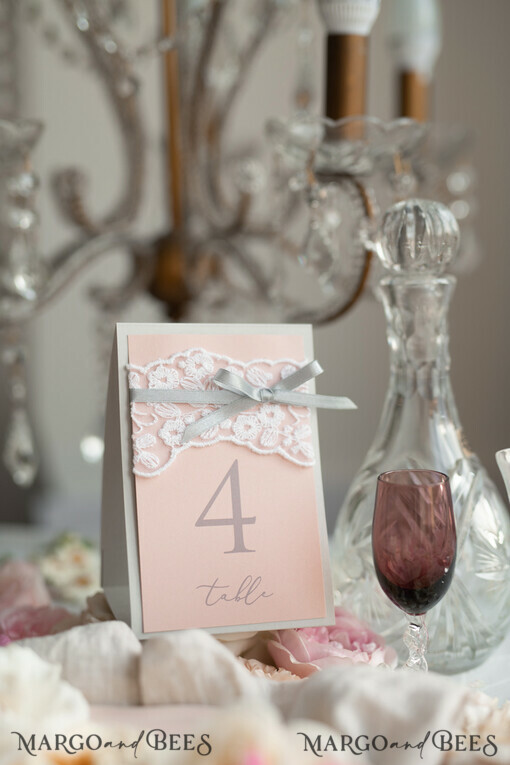 TABLE DECOR SIGNS Wood Eco Rustic Table numbers Romantic Wedding Table Numbers with Grey Ribbon, Rustic Vintage Lace Personalized Table Cards, Light Grey and Blush Pink Shabby Chic Wedding Table Décor