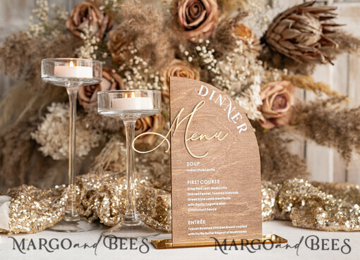 TABLE DECOR SIGNS Wood Eco Rustic Table numbers Rustic Wooden half Arch Dinner menu, Wood & Acrylic gold Table Sign, Gold Barn Plexi Wedding Menu Combo Rustic Boho Wedding Table Decor, Wedding Signage Golden mirror table Menus