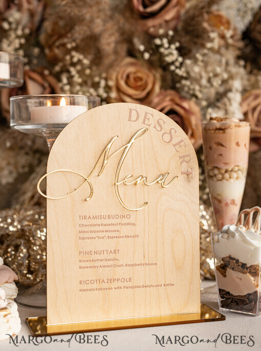 TABLE DECOR SIGNS Wood Eco Rustic Table numbers Rustic Wooden Arch Dessert Menu with Stand, Country Barn Wood Acrylic gold Candy Bar Sign, Natural Wood Gold Plexi Table Dessert Menu Wedding Table Decor, Wedding Signage Golden mirror and Wooden Candy Bar Menu 