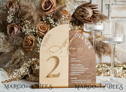 TABLE DECOR SIGNS Wood Eco Rustic Table numbers Rustic Wooden Arch Table Number & dinner menu Combo, Wood & Acrylic gold Sign, Gold Barn Plexi Table Numbers & Menu Combo Rustic Boho Wedding Table Decor, Wedding Signage Golden mirror table numbers & Menu