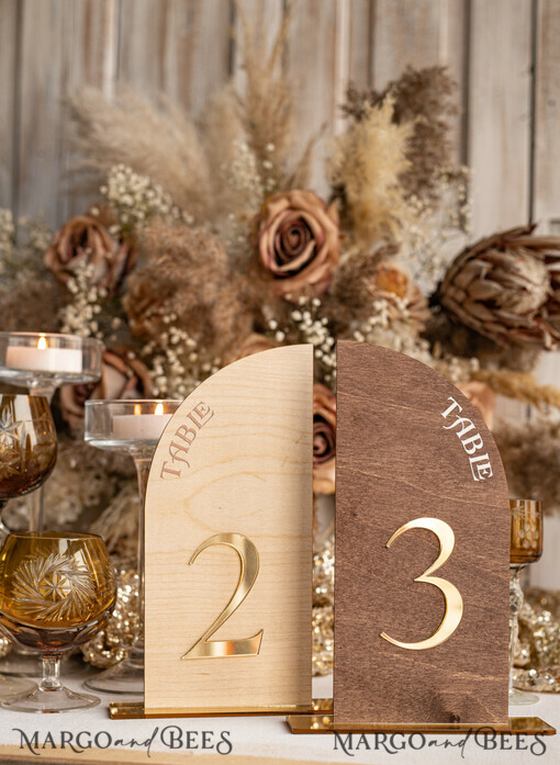 TABLE DECOR SIGNS Wood Eco Rustic Table numbers Rustic Wood Half Arch Wedding Table Numbers, Wooden Gold Plexi Table Numbers, Country Barn Wedding Table Decor, Wedding Signage Wood Golden mirror table numbers