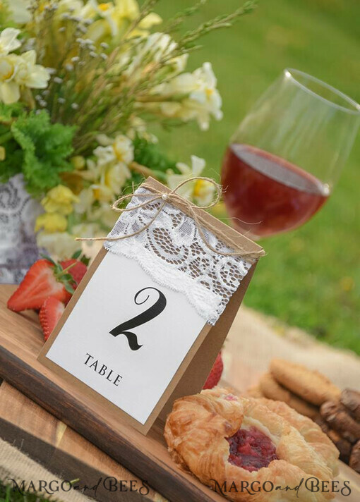 TABLE DECOR SIGNS Wood Eco Rustic Table numbers Romantic Lace Eco and White Wedding Table Numbers with Natural Burlap Twine, Custom Eco Handcraft Wedding Stationery, Simple Elegant Handmade Rustic Table Cards