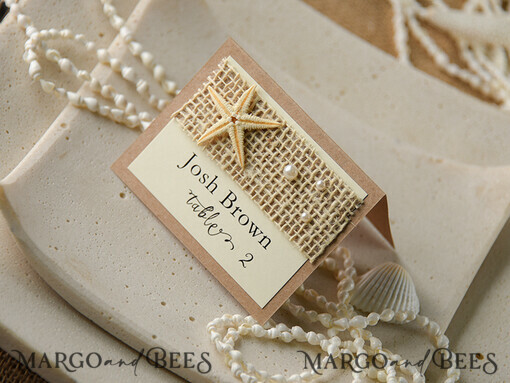 PLACE CARDS / TABLE CARDS Beach/marine/ Destionation Wedding Theme Ivory and Brown Marine Wedding Place Card with Starfish and Natural Burlap, Elegant Marine Name Tags For Your Wedding Tables, Delicate White Wedding Place Cards