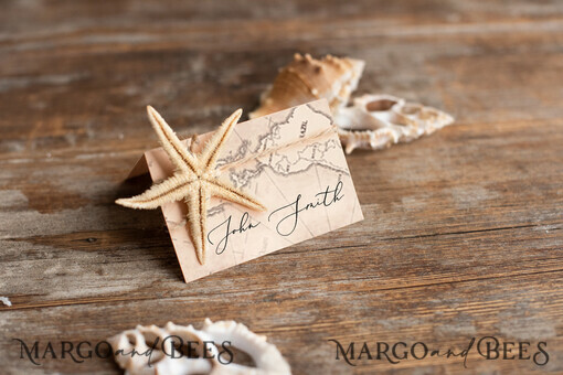 PLACE CARDS / TABLE CARDS Beach/marine/ Destionation Wedding Theme Elegant Marine Wedding Place Cards with Twine, Starfish and Map Graphic, Marine Name Tags for Your Wedding Tables, Destination Travel Wedding Place Tags