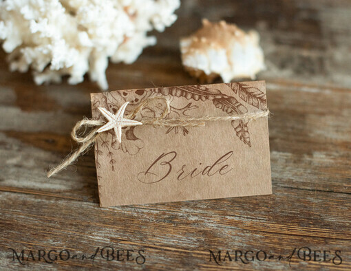 PLACE CARDS / TABLE CARDS Beach/marine/ Destionation Wedding Theme Elegant Eco Brown Marine Wedding Place Cards, Name Tags for a Romantic Beach Wedding Tables, Unique Brown Wedding Place Cards with a Burlap Twine and a Starfish