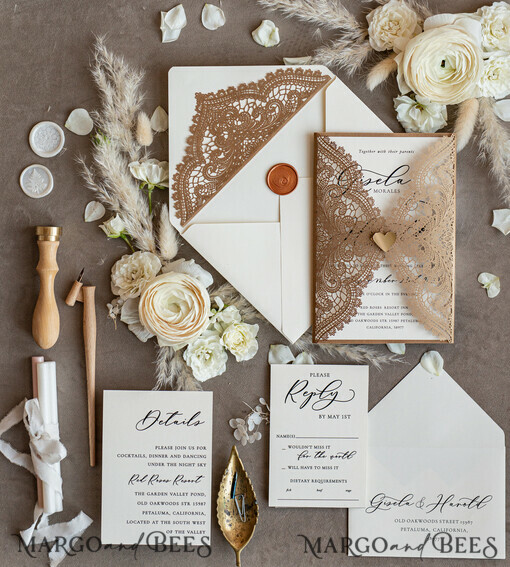 WEDDING INVITATIONS lasergeschnitten / graviert / geprägt Elegante Hochzeitseinladungen Suite, Spitzenrustikale Hochzeitseinladungsset, rustikale Hochzeitseinladungen, ökologische rustikale Hochzeitskarten.