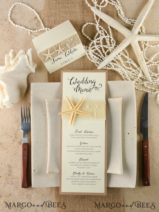 MENU & PROGRAMS Beach/marine/ Destionation Wedding Theme Romantic Blue Beach Wedding Menu, Destination Wedding Menu with Raffia Twine, Deckle-edge Marine Menu Cards, Sea Ocean Wedding Menu, Unique Shell Wedding Menu 