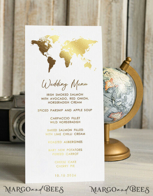 MENU & PROGRAMS Beach/marine/ Destionation Wedding Theme Travel Passport Gold Foil Wedding menu, Wedding program dinner, Elegant Destination menu, Personalized wedding decoration