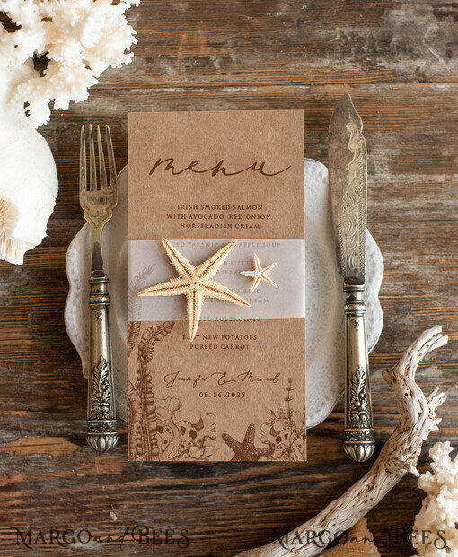 MENU & PROGRAMS Beach/marine/ Destionation Wedding Theme Romantic Sea Ocean Wedding Menu, Destination Wedding Menu with Vellum Belly Band and Starfish, Marine Menu Cards, Beach Wedding Menu, Unique Shell Wedding Menu