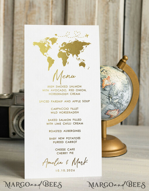 MENU & PROGRAMS Beach/marine/ Destionation Wedding Theme Travel Passport Gold Foil Wedding menu, Wedding program dinner, Elegant Destination menu, Personalized wedding decoration