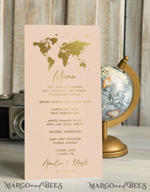 MENU & PROGRAMS Beach/marine/ Destionation Wedding Theme Travel Passport Gold Foil Wedding menu, Wedding program dinner, Elegant Destination menu, Personalized wedding decoration