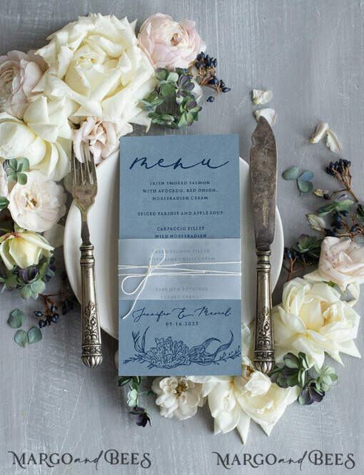 MENU & PROGRAMS Beach/marine/ Destionation Wedding Theme Beach dusty Blue Wedding Menu, Vellum belly band Menu Card with White Twine, Luxury wedding Menu Cards, Unique Sea Wedding Menu, Delicate Blue Wedding Menu     