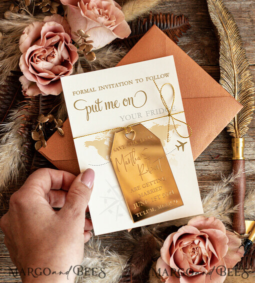 SAVE THE DATES beach travel magnets Personalised Travel Save the Date Acrylic Tag Magnet and Card, Gold Terracotta Luggage Tag Wedding Save The Dates Acrylic Magnets,  Save The Date Cards