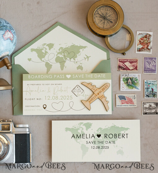 SAVE THE DATES beach travel magnets Sage green  Wooden airplane magnet Save The Date Cards  boardingpass travel airplane save the dates destination wedding magnets