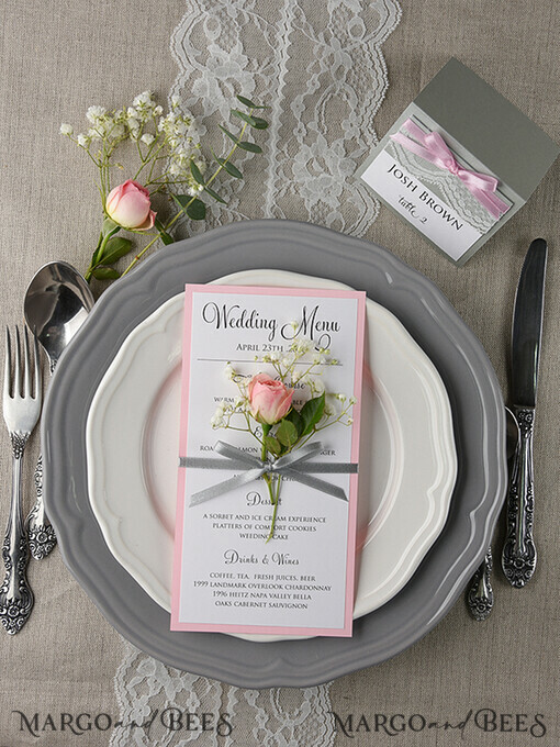 MENU & PROGRAMS rustic and lace Glamour Blush Pink Wedding Menu, Romantic Minimalist Dinner menu with Ribbon, Elegant Simple Party Table Menu, Modern Chic White And Pink Wedding Menu Card     