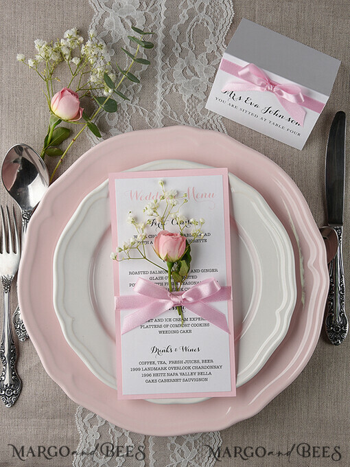 MENU & PROGRAMS rustic and lace Romantic Blush Pink Wedding Menu With Ribbon, Glamour Minimalist Dinner menu with Ribbon, Elegant Simple Party Table Menu, Modern White & Pink Wedding Menu Card