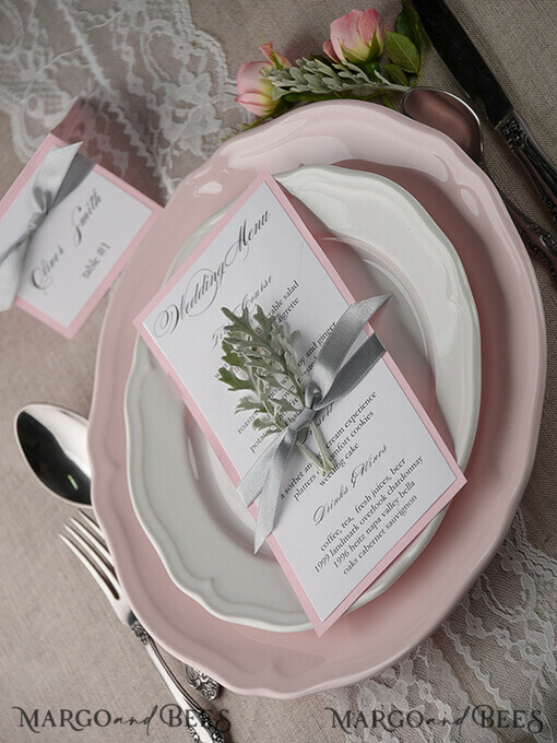 MENU & PROGRAMS rustic and lace Romantic Wedding Menu with Grey Ribbon, Vintage Personalized Menu Cards, Light Grey and Blush Pink Shabby Chic Wedding Menu, Handmade White & Pink Wedding Menu