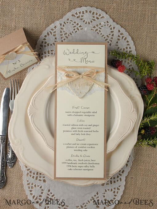 MENU & PROGRAMS rustic and lace Minimalist Brown Wedding Menu, Aesthetic Lace Reception Dinner Menu, Romantic Menu With Wooden Heart, Elegant  Wedding Menu Cards