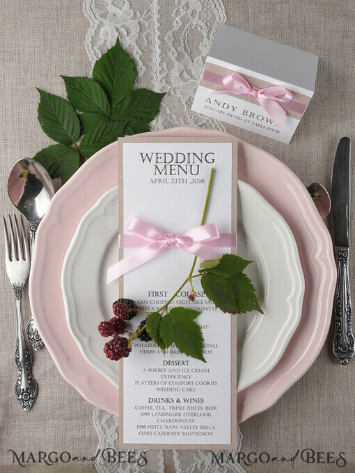 MENU & PROGRAMS rustic and lace Glamour Rustic Wedding Menu, Bespoke Chic Vintage Wedding Menu Cards, Elegant Wedding Menus With Pink Ribbon, Minimalist White And Eco Brown Wedding Menus    