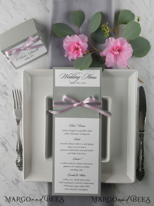 MENU & PROGRAMS rustic and lace Romantic Grey Wedding Menu, Elegant Menu Card with Pink Ribbon Bow, Modern Shabby Chic Wedding Dinner Menu, Simple Romantic Handmade Minimal Wedding Menu 