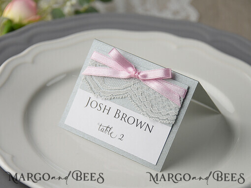 PLACE CARDS / TABLE CARDS rustic and lace Elegant White and Grey Wedding Place Cards, Rustic Name Tags, Romantic Wedding Place Cards with Lace and Pink Ribbon, Custom Text, Rustic Wedding Place Cards