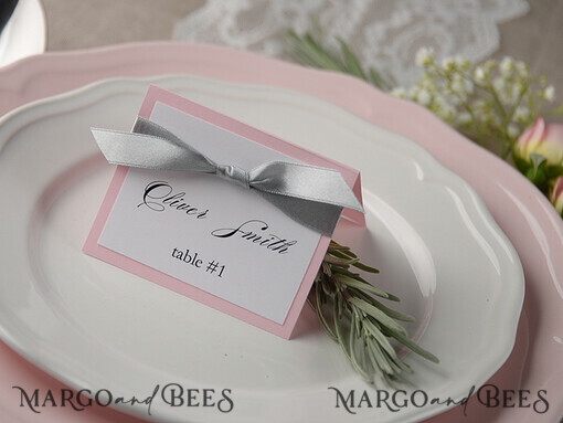 PLACE CARDS / TABLE CARDS rustic and lace Romantic White Minimalist Wedding Table Place Cards with Grey Ribbon, Modern Elegant Botanical Place Card, Glamour Table Cards, Pink Rustic Wedding Name Tag