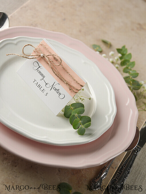 PLACE CARDS / TABLE CARDS rustikal und Spitze Elegante Eco-Weiße und Rosa Hochzeitsplatzkarten mit Jute-Schnur, Weiße Hochzeitsnamensschilder mit Jute-Schnur und Birkenherz, Rustikale Hochzeitsstationery, Bearbeitbar
