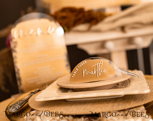 PLACE CARDS / TABLE CARDS Acrylic Gold Clear / Wood 3D Modern Arch Gold Acrylic Place Card with Stand, Arch Clear Name Card, Premium Luxury Seating Cards, Painted Gold Escort Cards with White Wording, Editable Text