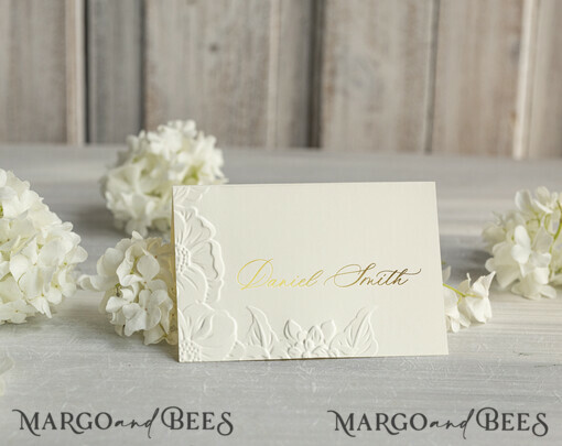 PLACE CARDS / TABLE CARDS Luxury Premium Glitter/ Gold/ Silver/ Rose Gold Elegant Embossed Ivory Wedding Place Cards, Small Table Cards with Gold Foil Border, Tent Cards, Escort Cards, Name Cards, Ecru Table name cards, Personalized wedding decor, Editable Text