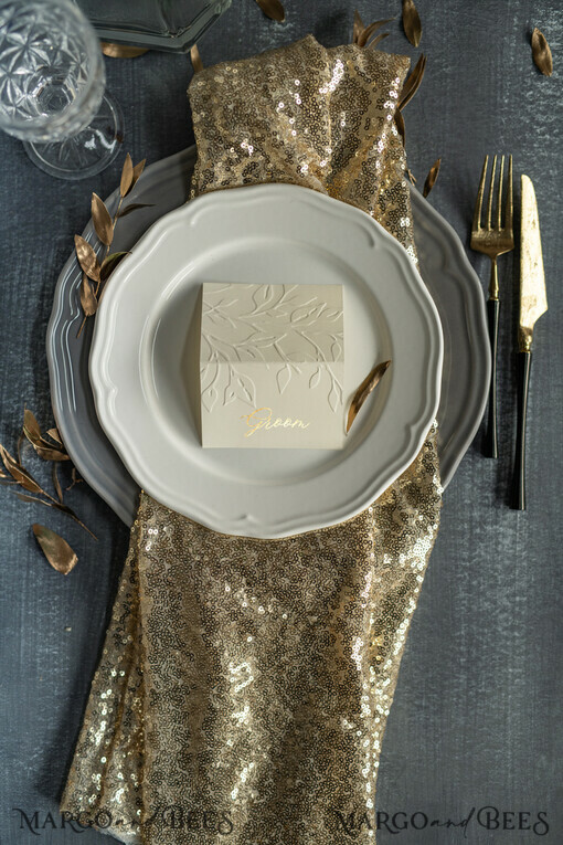 PLACE CARDS / TABLE CARDS Luxury Premium Glitter/ Gold/ Silver/ Rose Gold Elegant Embossed Ivory Wedding Place Card with Gold Printout, Delicate Name Tags, Romantic Ivory Wedding Stationery, Luxury Real Gold Foil Wedding Place Cards
