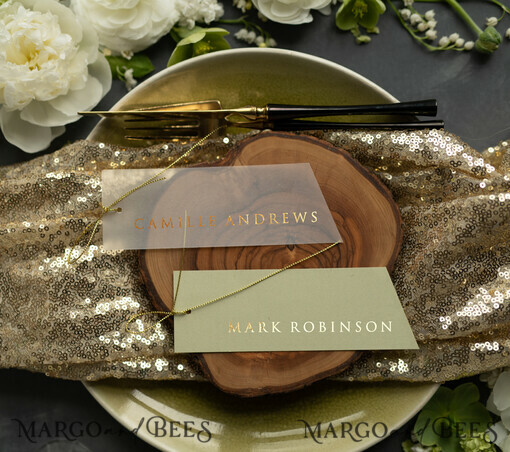 PLACE CARDS / TABLE CARDS Luxury Premium Glitter/ Gold/ Silver/ Rose Gold Minimalist Geometric Green Wedding Place Cards, Delicate Transparent Vellum Wedding Name Tags with Gold Twine, Modern Wedding Stationery, Custom Escort Cards
