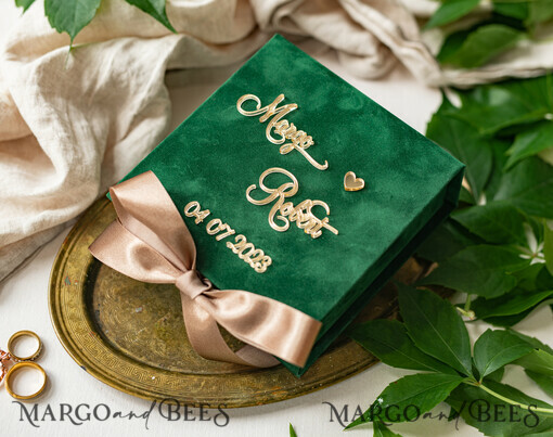 RING BEARER BOXES & PILLOWS Samtkästchen für den Trauungszeremonie Grüne goldene Samt-Ringbox für die Zeremonie, Ringbox für die Hochzeitszeremonie 3 Ringe Samt, Boho Glam Hochzeitsringboxen für ihn und sie, Luxuriöse Samt-Ringbox doppelt, maßgeschneiderte Farben.