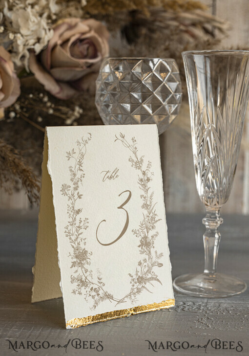 TABLE DECOR SIGNS glitter Elegant Hand Torn Edge with gold foil border Wedding Table Number – Luxury Ivory Tent Card