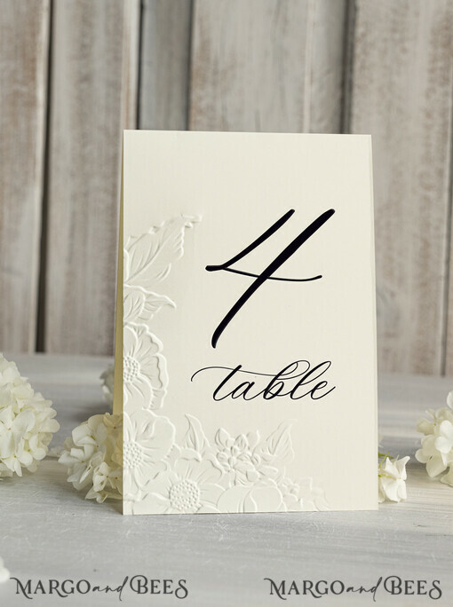 TABLE DECOR SIGNS glitter Elegant Wedding Table Number Card with Embossed Floral Design – Ivory Textured Paper, Folded Tent Style, Classic Font, Luxury Reception Decor