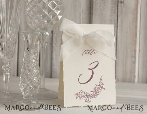 TABLE DECOR SIGNS glitter Elegant Hand Torn Edge with silk ribbon Wedding Table Number – Luxury Vintage Ivory Tent Card