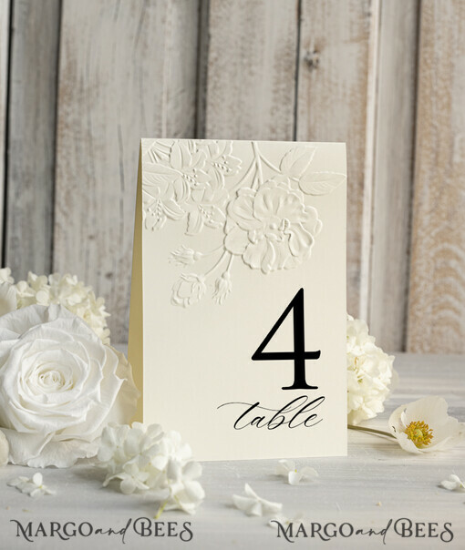TABLE DECOR SIGNS glitter Elegant Wedding Table Number Card with Embossed Floral Design – Ivory Textured Paper, Folded Tent Style, Classic Font, Luxury Reception Decor
