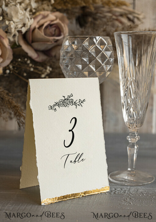 TABLE DECOR SIGNS glitter Elegant Hand Torn Edge with gold foil border Wedding Table Number – Luxury Ivory Tent Card