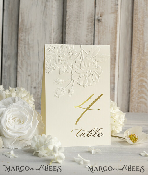 TABLE DECOR SIGNS glitter Elegant Gold Wedding Table Number Card with Embossed Floral Design, Ivory Textured Paper, Folded Tent Style, Classic Font, Luxury Reception Decor