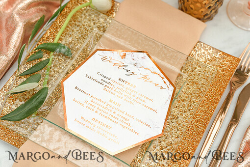 MENU & PROGRAMS glitter/ luxury premium Copper Gold Foil Marble Wedding Menu, Luxury Marble Wedding Menu Cards, Glamour Glitter Wedding Menu, Elegant Geometric Menu, Bespoke Copper Wedding Stationery
