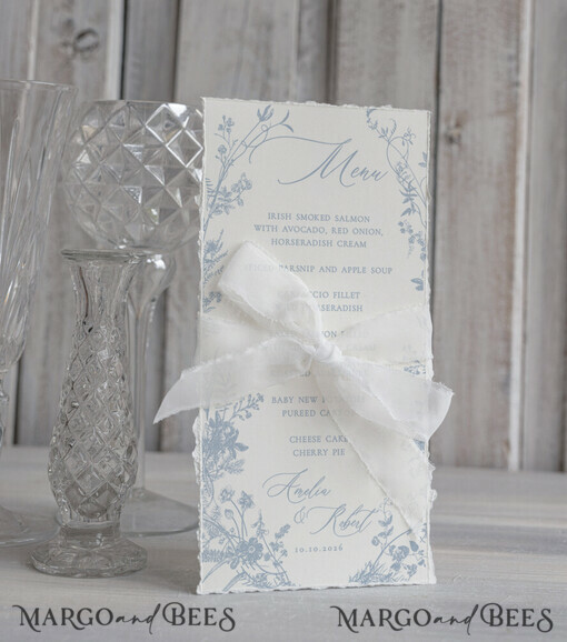 MENU & PROGRAMS glitter/ luxury premium Elegant white Wedding Menu with silk ribbon, hand torn edge Elegant Wedding Menu Cards, program dinner wedding menu 