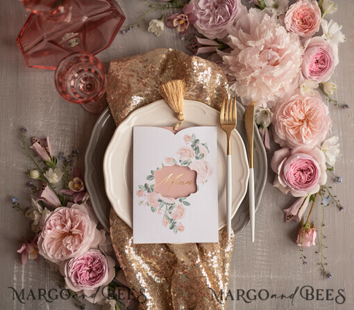 MENU & PROGRAMS glitter/ luxury premium Glamour Gold Foil Shine Wedding Menu, Romantic Blush Pink Floral Wedding Menu Cards, Luxury Arabic Menu With Pocket And Gold Tassel, Elegant Floral Wedding Menu