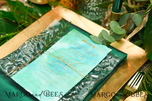 MENU & PROGRAMS glitter/ luxury premium Minimalist Watercolor Wedding Menu,  Simple Elegant Green Menu Card with Golden Twine, Romantic Deckle-edge Dinner Menu For Greenery Wedding, Unique  Stationery