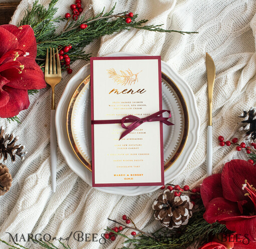 MENU & PROGRAMS glitter/ luxury premium Luxury Christmas Wedding Menu, Glamour Golden Shine Menu, Elegant Pine Wedding Menu with Gold Foil and Red Ribbon, Minimalistic Winter Ivory And Burgundy Menu  