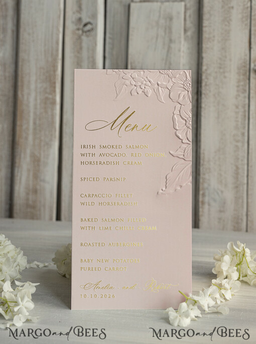 MENU & PROGRAMS glitter/ luxury premium Embossed Blush Pink Wedding Menu, Elegant Wedding Menu Cards With Floral Motif rose, Luxury Wedding Menu With Gold Foil
