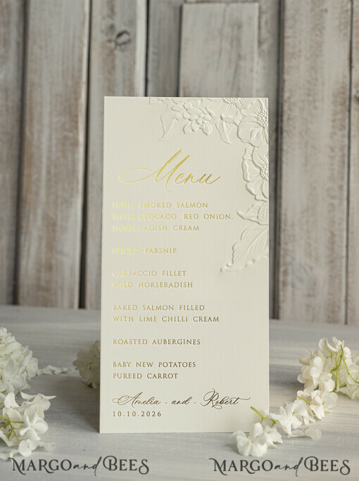 MENU & PROGRAMS glitter/ luxury premium Embossed Ivory Wedding Menu, Elegant Wedding Menu Cards With Floral Motif rose, Luxury Wedding Menu With Gold Foil