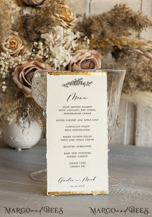 MENU & PROGRAMS glitter/ luxury premium Elegant Ivory Wedding Menu, hand torn edge Elegant Wedding Menu Cards with gold foil border, program dinner wedding menu 