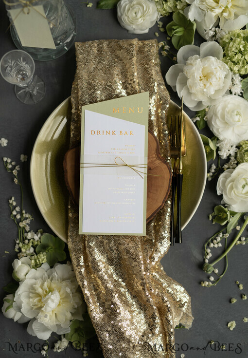 MENU & PROGRAMS glitter/ luxury premium Luxury Gold Foil Wedding Menu, Elegant Sage Green & White Wedding Menu Cards, Glamour Golden Shine Dinner Menu, Geometric Wedding Menu With Twine and Belly Band