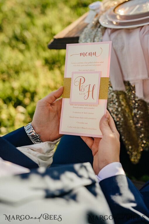 MENU & PROGRAMS Glitzer/ Luxus Premium Romantisches Golden Shine Hochzeitsmenü, Glamour Abendessen Menü mit Glitzer-Bauchband, Elegantes Monogramm Party Tischmenü, Modernes Hochzeitsmenü-Karte